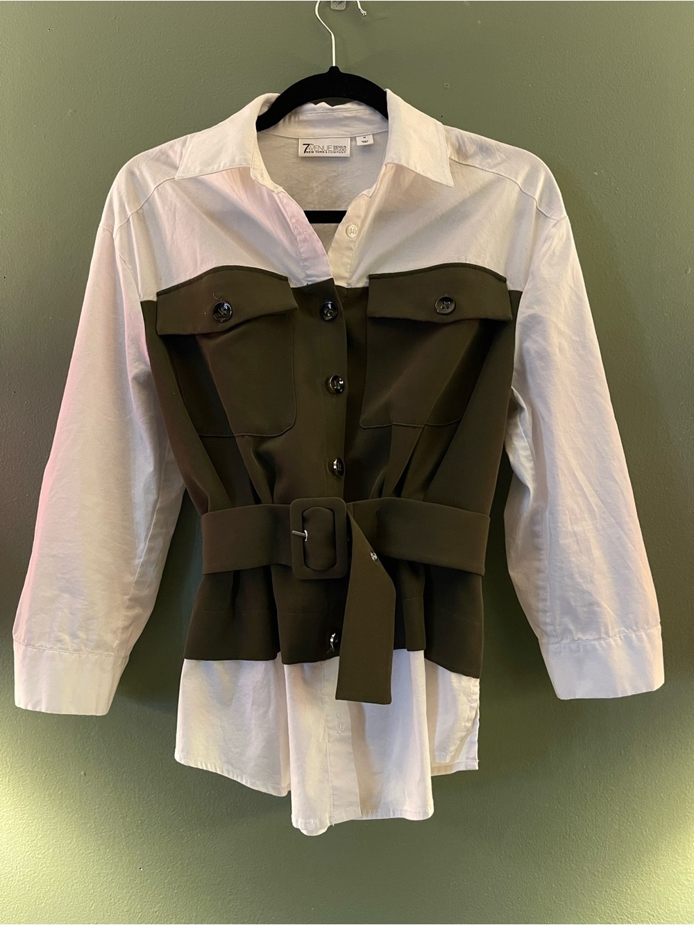 New York & Company Two-Tone Utility Shirt Jacket - Olive Green & White